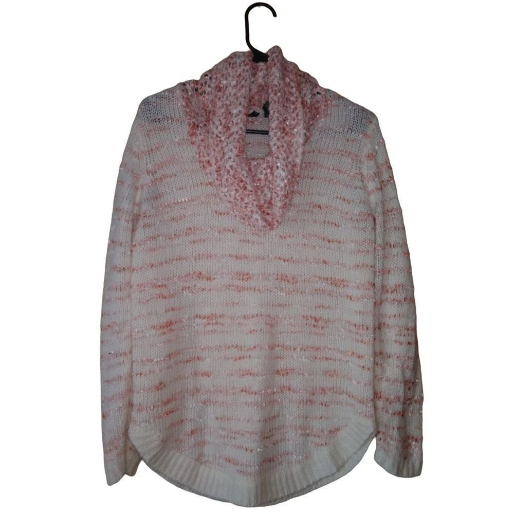 New Directions Cowl Neck Pink and Cream Cable Knit Sweater Size Small